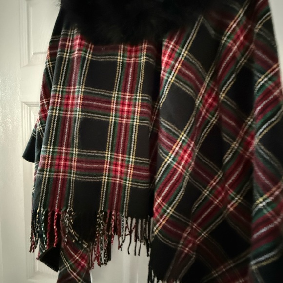 J. Crew Black and Red Plaid Poncho with Faux Fur - Picture 7 of 7